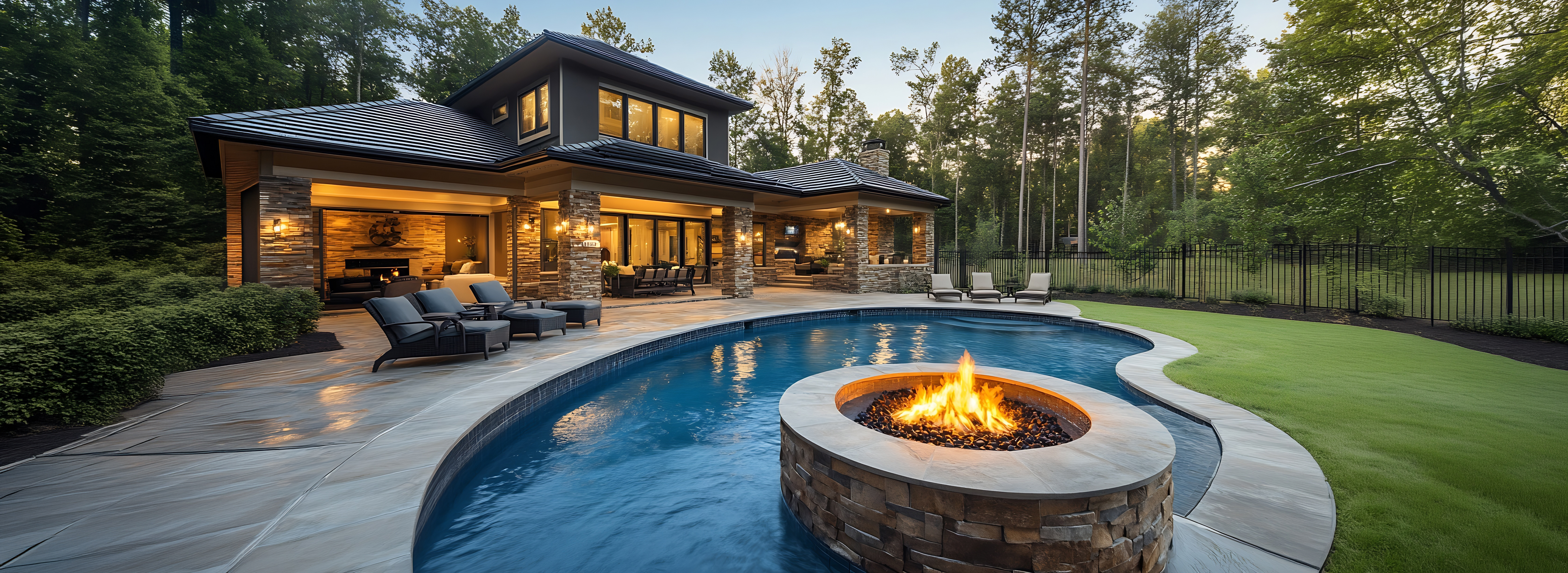 Backyard pool and outdoor living space at twilight